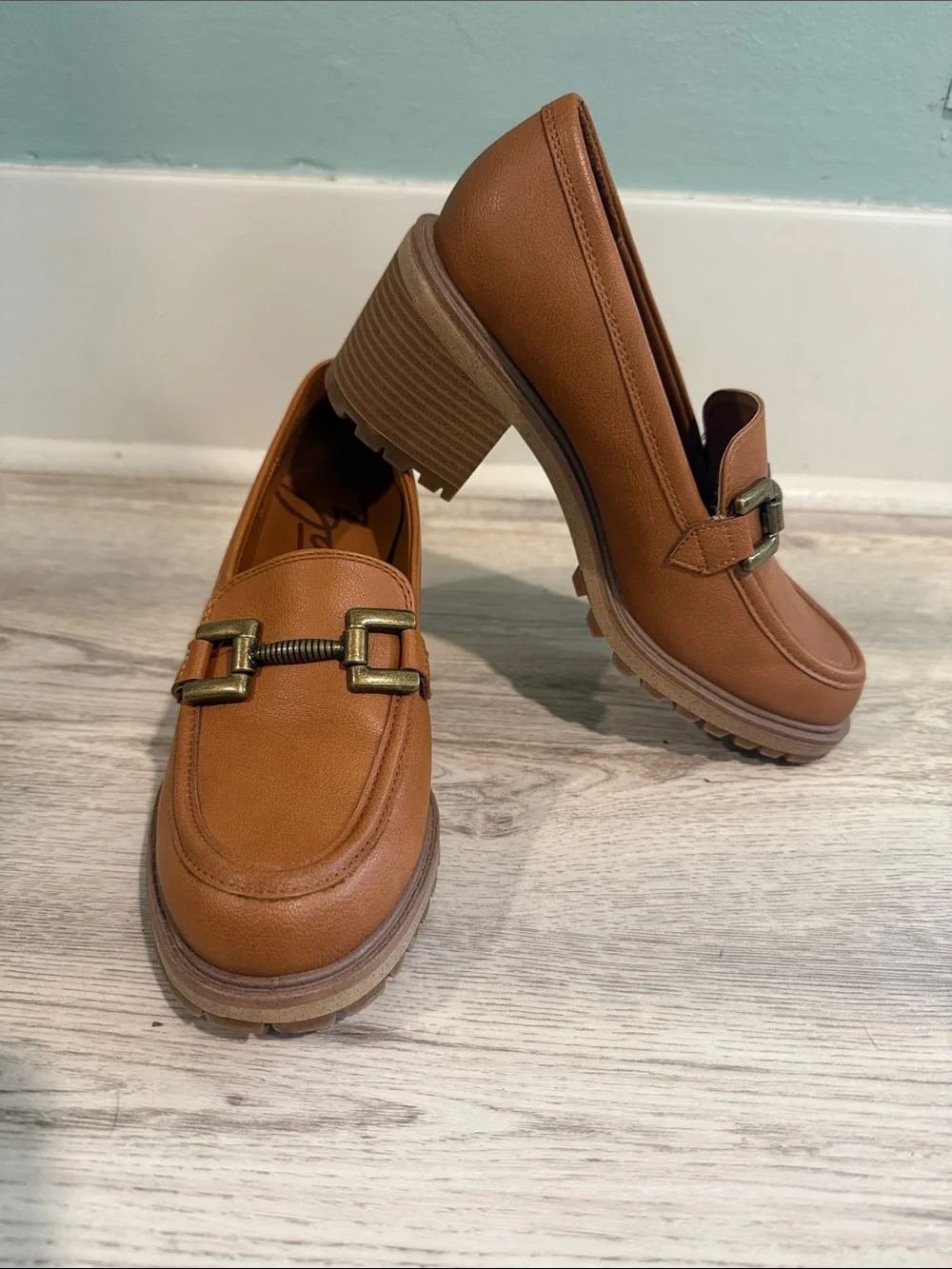 Women's Tan Chunky Heel Loafer with Gold Hardware - Picture 1 of 4
